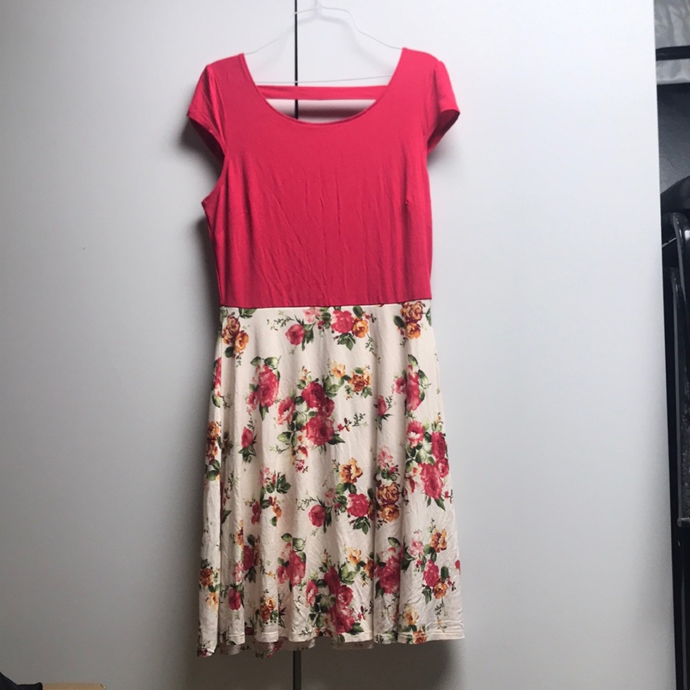 Pink and floral open back cotton dress- L
